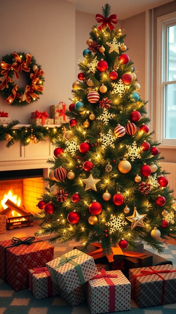 A festive Christmas tree with lights and ornaments, gifts underneath, and a warm fireplace in the background.